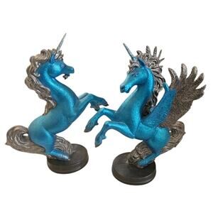 Set of 2 VTG Large Hand Painted Unicorn Pegasus Ceramic Figurines Blue Silver